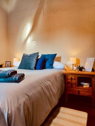 a bedroom with a large bed with blue pillows at Coliving Tenerife - Villa La Laguna in Las Lagunas