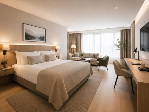 a hotel room with a bed and a living room at KM Rentals - Lillestrøm City Centre - Selected Hotels in Lillestrøm