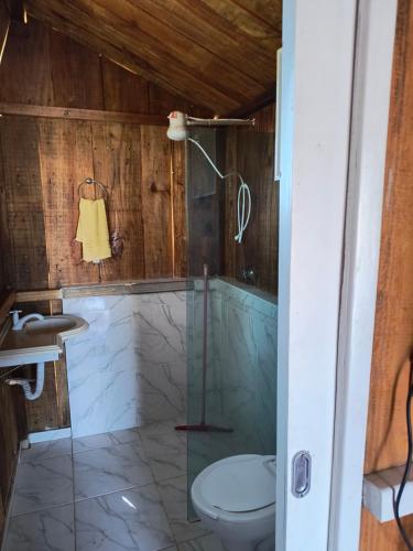 ein Badezimmer mit Dusche, Toilette und Waschbecken in der Unterkunft Pousada MAKS in Ribeirão Preto