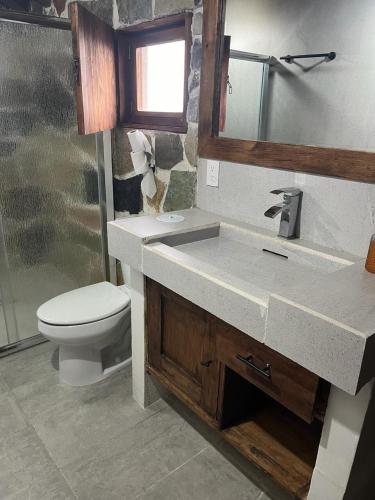 a bathroom with a sink and a toilet and a mirror at Hermosa cabaña de lujo MADERA in Tochimpa