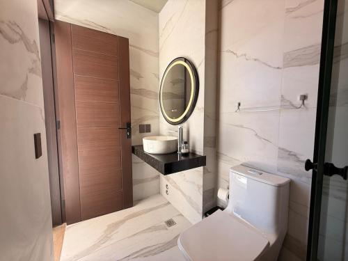 a bathroom with a toilet and a sink and a mirror at Forty 125 in Tarija