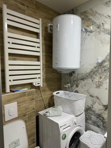 a bathroom with a washing machine and a toilet at Vila Manuela in Gevgelija