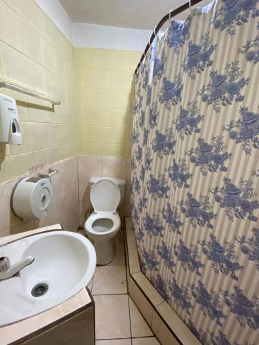 a bathroom with a toilet and a shower curtain at Casa Adelita in Huehuetenango