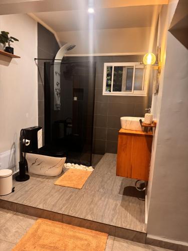 a bathroom with a shower with a sink and a toilet at Le Cocon de Jade - Nylon Bastos in Yaoundé