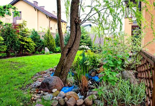 a garden with rocks and a tree in a yard at Villa Ventana Poznań City Free Parking Śniadanie w Cenie in Poznań