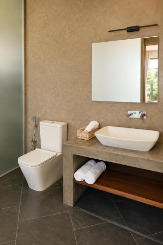 a bathroom with a toilet and a sink and a mirror at The Oceans Edge in Dodanduwa