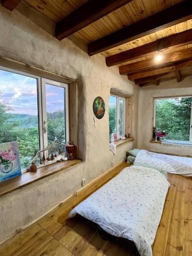two beds in a room with windows at Простір Джерело Гармонії in Kaniv