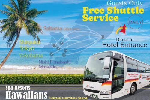 a bus on a road with a picture of a beach at Spa Resort Hawaiians VIR Port in Iwaki