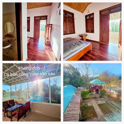 a collage of four pictures of a house at Roll Huynh in Kon Plong