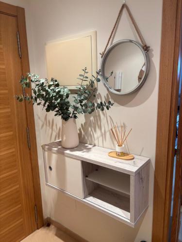 a mirror and a vase with a plant on a shelf at A&M Burela Costa in Burela de Cabo
