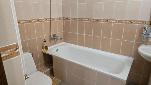 ein Badezimmer mit Badewanne, Toilette und Waschbecken in der Unterkunft Grace Villa in Codru