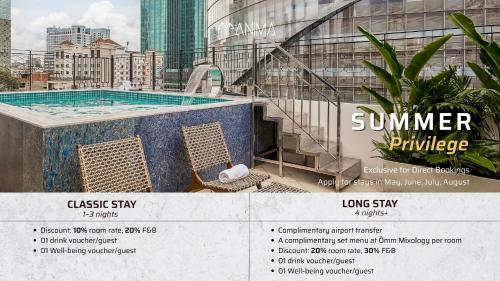a advertisement for a swimming pool in a building at ANIMA Vietnamese Contemporary Art Boutique Hotel in Ho Chi Minh City