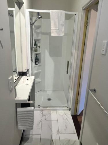 a bathroom with a shower and a sink at Inner City Oasis in Invercargill