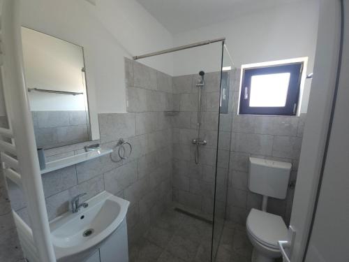 a bathroom with a shower and a sink and a toilet at Vila La Fernando in Tuzla