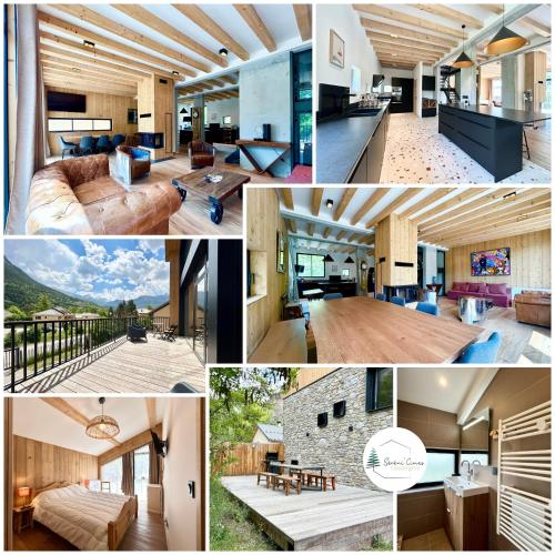 a collage of photos of a house at Paradis d'Ubaye - Terrasse - Plan d'eau - Jardin in Jausiers