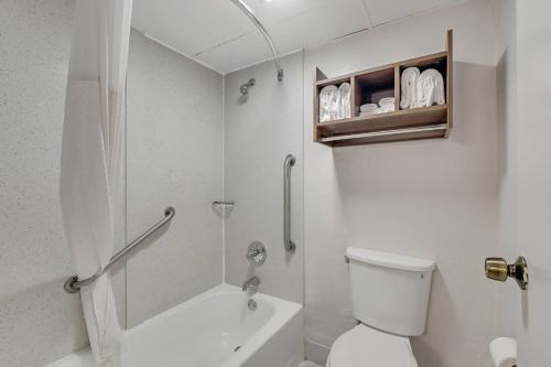 a white bathroom with a shower and a toilet at Quality Inn Dalton East in Dalton