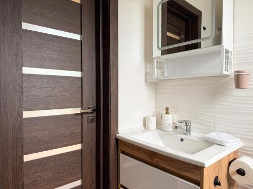 a bathroom with a sink and a wooden door at FewoCrew Devils Cabin Premium Tiny House nahe Teufelsmauer in Wienrode