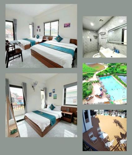 a collage of four pictures of a hotel room at Lộc phát hotel mộc châu in Làng Môn