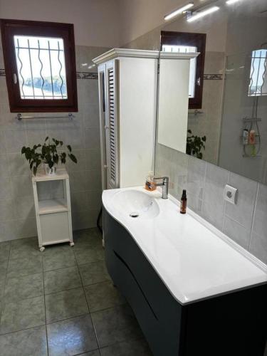 a bathroom with a sink and a large mirror at Le gîte de montréal in Saint-Germain-les-Belles