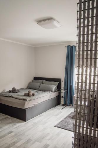 a bedroom with a bed and a blue curtain at Apartment Nr 06 in Bremerhaven