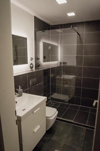 a bathroom with a toilet and a glass shower at Apartment Nr 06 in Bremerhaven