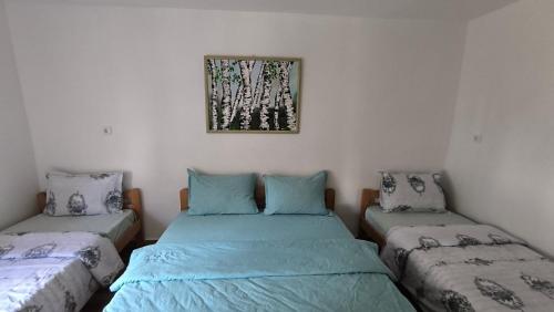 two twin beds in a room with a picture on the wall at Vujanac vikend kuća in Raška