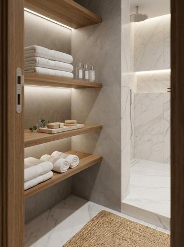 a bathroom with a walk in shower with white towels at White house Residences by Pebbles in Lusaka