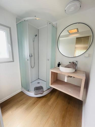 a bathroom with a shower and a sink and a mirror at Mobilheim Luna - Výrovická přehrada in Výrovice