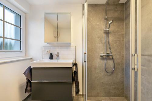 a bathroom with a sink and a shower at Lütte Auszeit in Hennstedt
