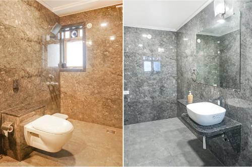 two pictures of a bathroom with a toilet and a shower at FabHotel Golden Emerald in Pune