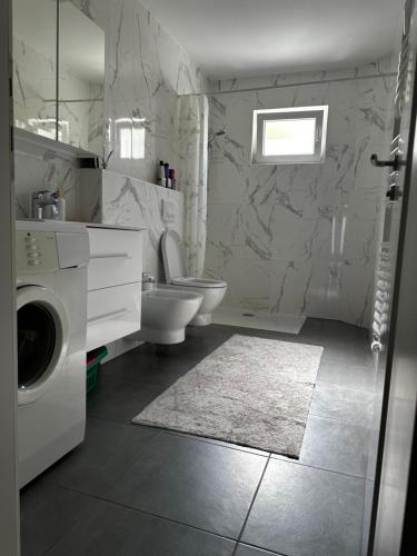 a bathroom with a toilet and a washing machine at Apartmani Ivana in Prozor