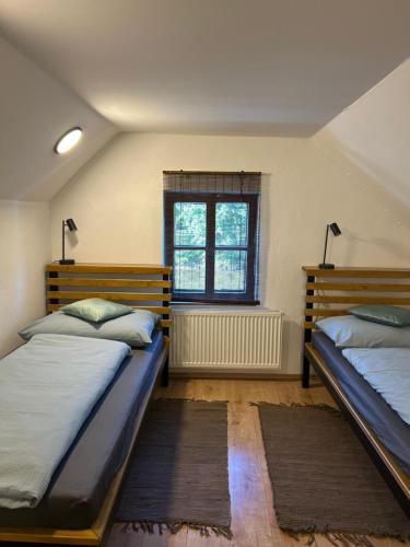 a bedroom with two beds and a window at Apartmán Železná panna in České Budějovice