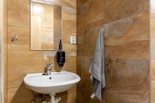 a bathroom with a sink and a mirror at Penzión Stálica in Bojnice