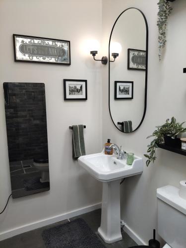 a bathroom with a sink and a mirror at Woodville Apartment in Rathmullan