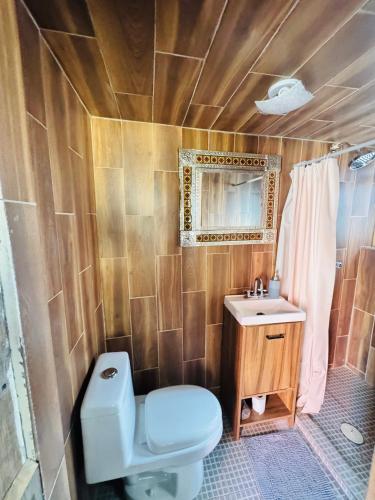 ein Badezimmer mit Toilette und Waschbecken in der Unterkunft Cabañas Tlacult Gatü in Tepoztlán