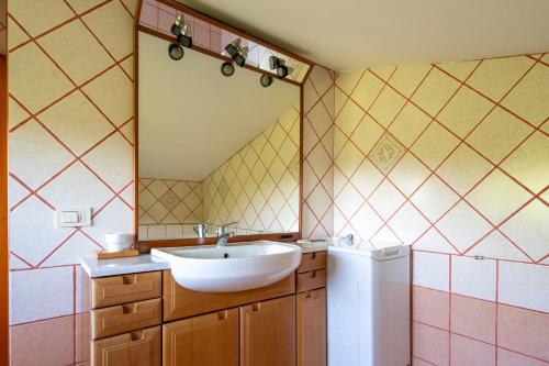 a bathroom with a sink and a mirror at Appartamento Posta del Lago in Passignano sul Trasimeno