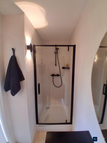 a shower in a bathroom with a mirror at Logement entier RDC quartier historique Parthenay in Parthenay