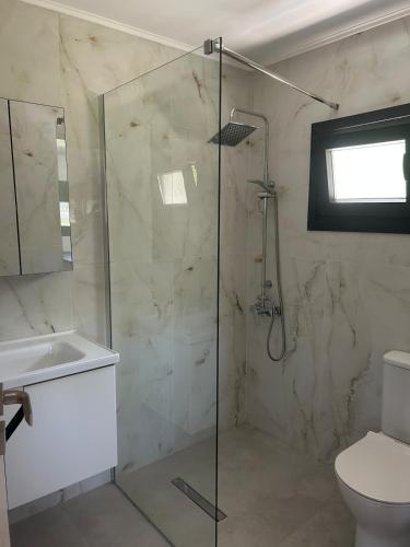 a bathroom with a glass shower and a toilet at Villa Ziglos by Karda Suites in Chios