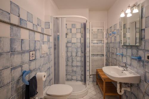 a bathroom with a toilet and a sink and a shower at Casa Caorer by Sunhome Fiemme in Predazzo