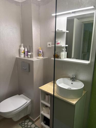a bathroom with a sink and a toilet and a mirror at Sun up mamaia nord 2 in Năvodari