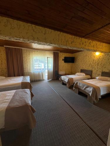 a room with three beds and a flat screen tv at Cabana Fulg De Nea Predeal in Predeal