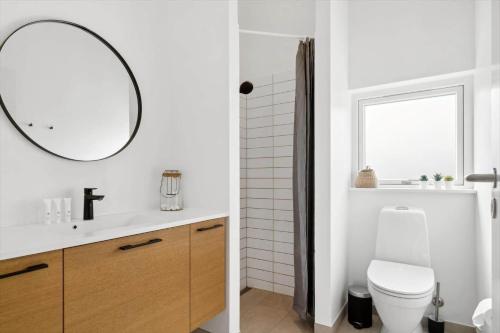 a bathroom with a white toilet and a mirror at 30129-Odder-P-Baatrupsvej-29 in Odder