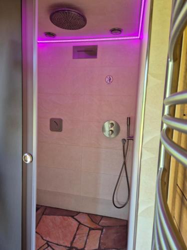 a bathroom with a shower with purple lighting at Guest House Sněžník in Sněžnik