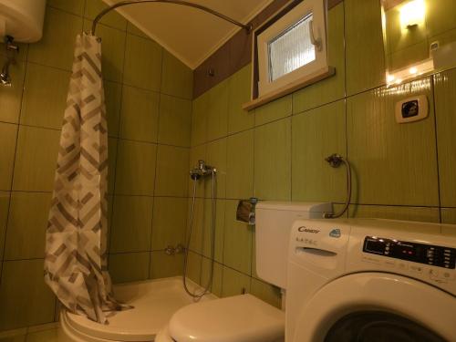 a bathroom with a toilet and a washing machine at Nature sunset apartment in Ubli