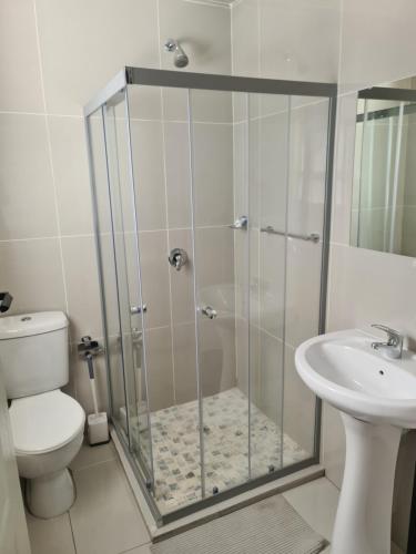 a bathroom with a shower and a toilet and a sink at Likhanyile Guest Lodge in Nhlangano