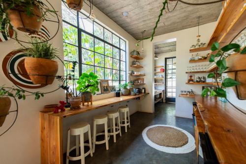 a room with a bar with stools and plants at Afrika House in Nairobi