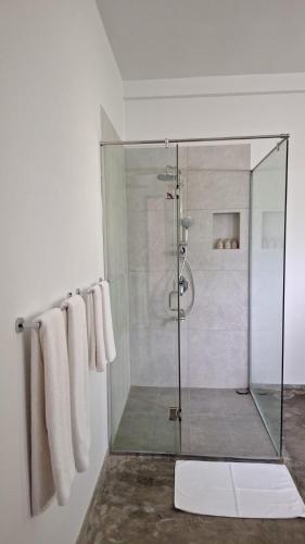 a bathroom with a glass shower with towels at Galle Beach Villa in Ratgama Hegoda
