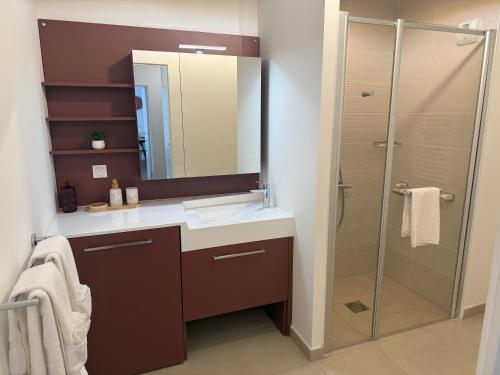 a bathroom with a sink and a shower at DOMITYS - L'Alezane in Saint Lo