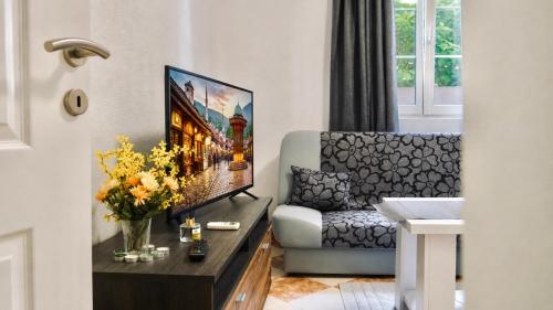 a living room with a couch and a television at Rakovica Resort in Sarajevo