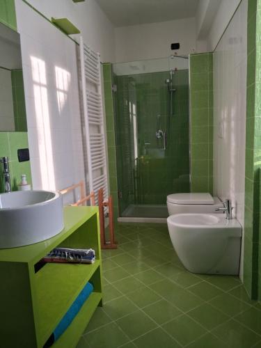 a green bathroom with a sink and a toilet at Il Borghetto in Castano Primo